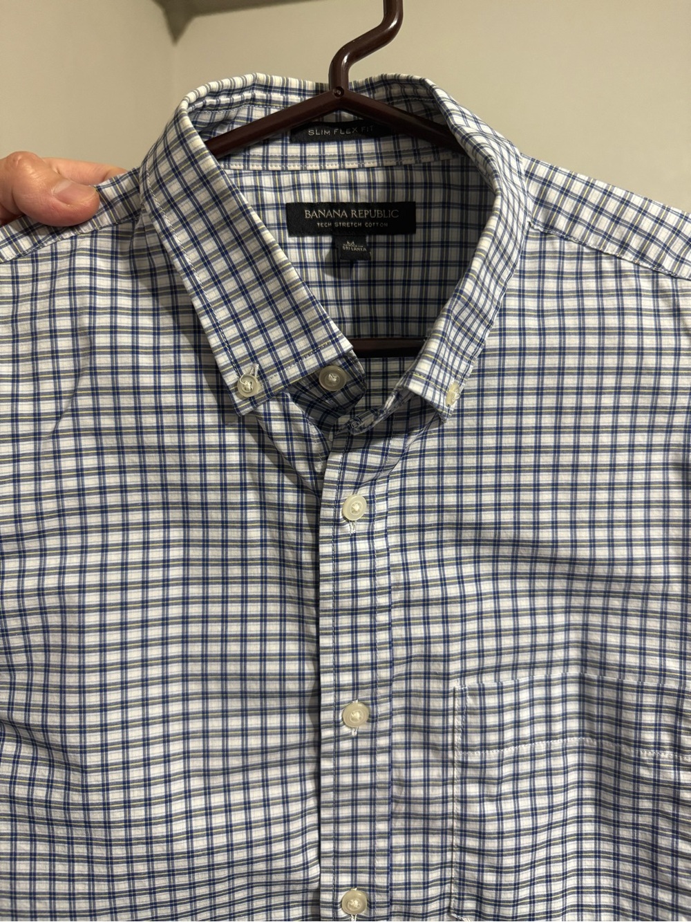 Banana Republic Men's White and Blue Check Button-Down Shirt